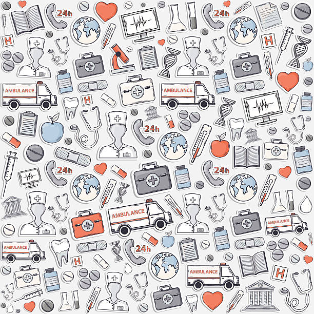 Red,grey,blue Medical pattern. Red,grey,blue Medical pattern.Sticker.With:thermometer stethoscope tablet capsule apple ambulance syringe tooth medical card Hospital Medical plaster phone computer microscope flask sheet appointment nurse drawings stock illustrations