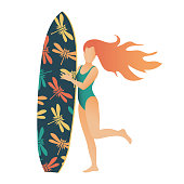 Red-haired young beautiful girl with a surfboard on a white background. Modern print for T-shirts, decorative pillows. Vector.