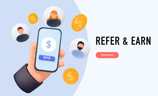 Refer a friend concept. Hands hold phone with contacts of friends. Business partnership strategy with group of people. Social media marketing for friends or Influencer web banner template. 3D vector