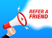 Refer a friend megaphone on white background for flyer design. Vector illustration in flat style