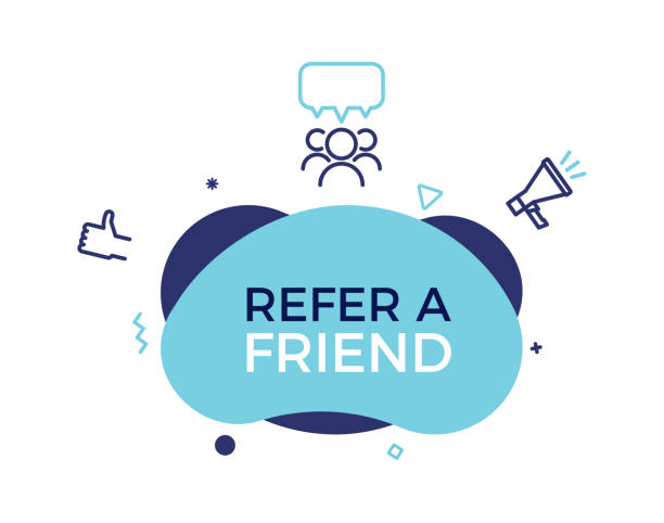 Refer a friend text on a fluid trendy shape with geometric elements. Vector design banner abstract shape with megaphone, thumbs up and group of people with speech bubble line icons. Concept for Referral program, affiliate marketing, online business vector art illustration