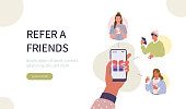 Hand Holding Smartphone with Gift sign on Screen. People Character Refer a Friends to Loyalty Marketing Program. Social Media Promotion Concept. Flat Cartoon Vector Illustration.