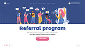 Referral program website banner template with cartoon people, flat vector illustration. Landing page design with buyers inviting friends to referral marketing campaign.