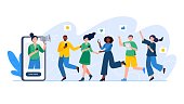 Group of people or customers are holding phones and join invitations. Trendy vector illustration for banners, landing page template, mobile app.