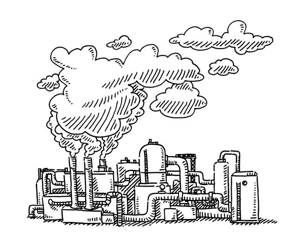 Refinery Factory Smoke Stack Pollution Drawing Hand-drawn vector drawing of Refinery Factory with Smoke Stacks, Pollution problem. Black-and-White sketch on a transparent background (.eps-file). Included files are EPS (v10) and Hi-Res JPG. factory drawings stock illustrations