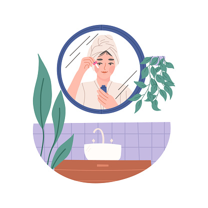 Reflection of woman in mirror, skincare routine, flat vector illustration isolated on white background.