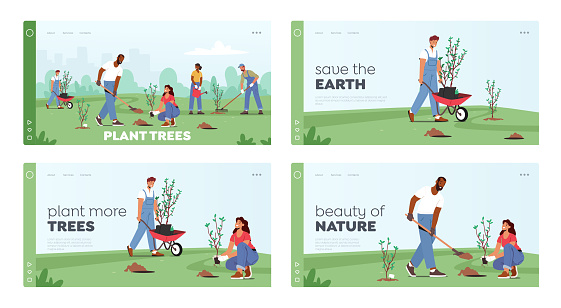 Reforestation, World Environment Day Landing Page Template Set. Characters Planting Seedlings and Growing Trees
