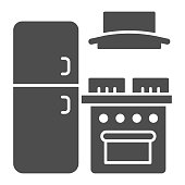 istock Refrigerator and stove with hood solid icon, interior design concept, kitchen furniture sign on white background, fridge and oven with hood icon in glyph style. Vector graphics. 1282413416