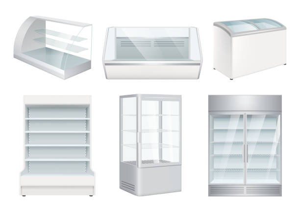 stockillustraties, clipart, cartoons en iconen met koelkast leeg. supermarkt retail equipment vector realistische koelkasten voor winkel - fridge
