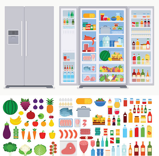 stockillustraties, clipart, cartoons en iconen met refrigerator full of different products - fridge