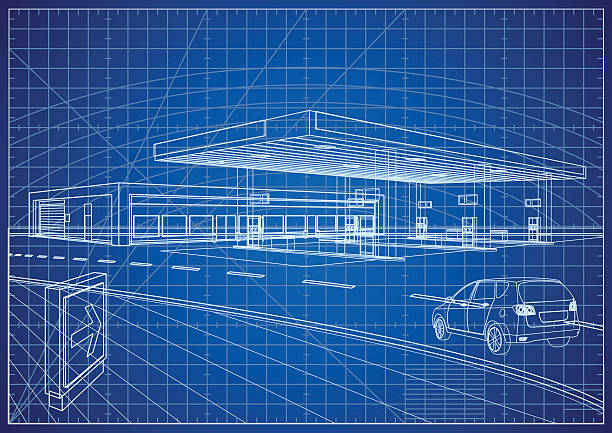 Refueling Station Blueprint Gasoline Station and Convenience Store Blueprint. store drawings stock illustrations