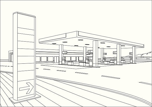 Refueling Station Sketch Gasoline Station Sketch. garage designs stock illustrations