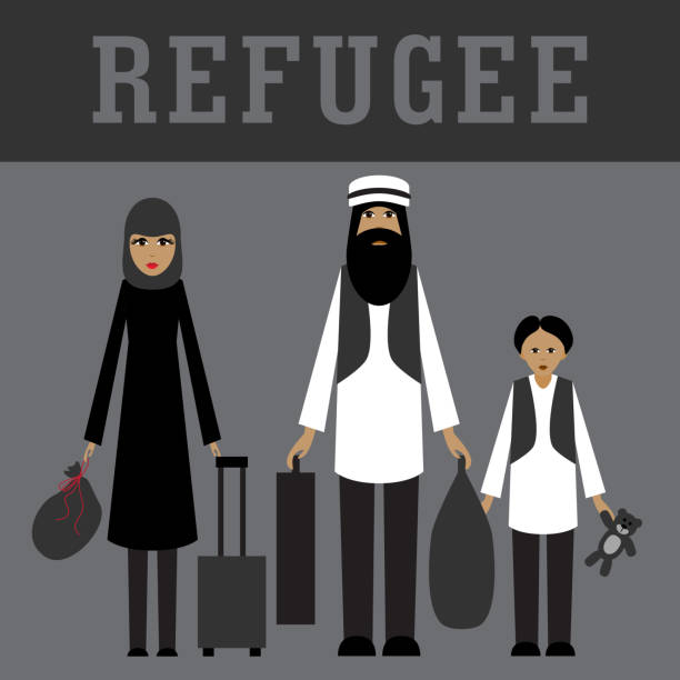 Refugee family. Muslim people Refugee family. Muslim people. Emigrants. Husband, wife and son. Vector illustration afghanistan stock illustrations