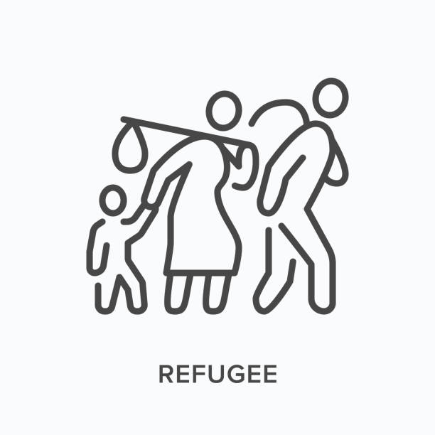 ikona płaskiej linii uchodźcy. wektor zarys ilustracji przesiedleńców chodzących z bagażem, kobieta mężczyzna i dziecko. imigranci cienki piktogram liniowy - migrants stock illustrations