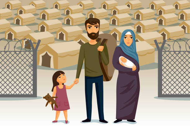 난민 infographic입니다. 난민에 대 한 사회적 지원입니다. 아랍 가족입니다. 디자인 서식 파일입니다. 난민 이민 개념 - migrants stock illustrations