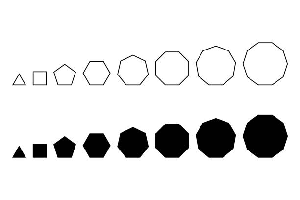 Regular polygons, with the same line segment length, in a row vector art illustration