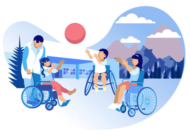 ilustrações de stock, clip art, desenhos animados e ícones de rehabilitation and adaptation for children cartoon - wheelchair street