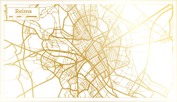 illustrations, cliparts, dessins animés et icônes de carte de ville de reims france dans le modèle rétro dans la couleur d’or. - reims