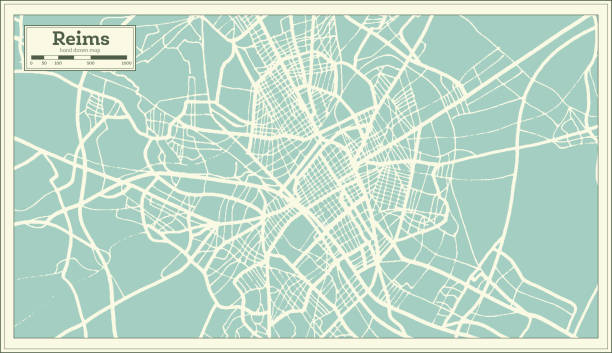 illustrations, cliparts, dessins animés et icônes de carte de reims france ville en style rétro. plan de contour. - reims