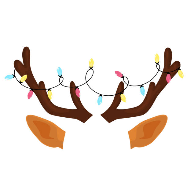 Reindeer antlers with Christmas light garland. Funny selfie photo mask Reindeer antlers with Christmas light garland. Funny selfie photo mask. antler stock illustrations