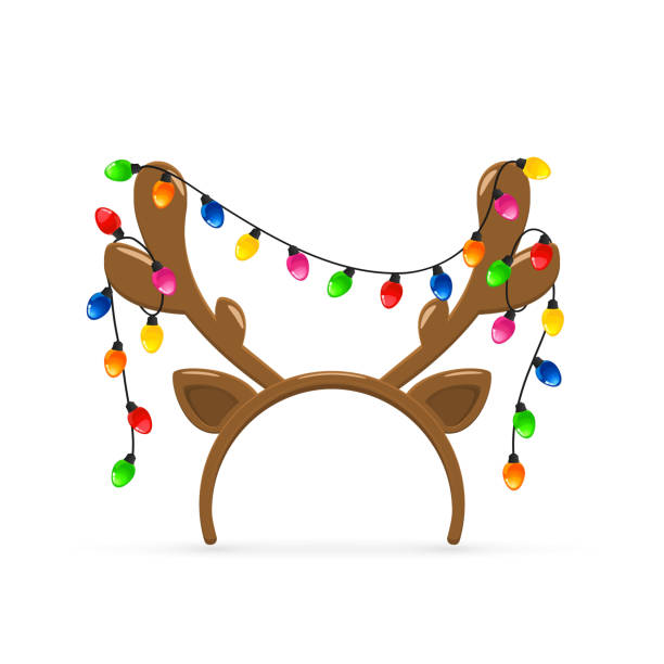 Reindeer antlers with Christmas lights on white background Christmas mask with brown reindeer antlers and Christmas lights isolated on white background, illustration. reindeer stock illustrations