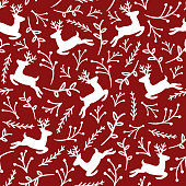 Reindeer Seamless Pattern with Floral, Christmas Background, Vector illustration