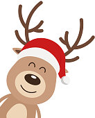 Reindeer cute smile cartoon with santa hat isolated white background. Christmas card