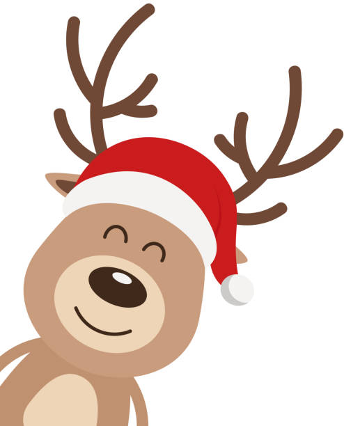 rendeer niedlichlächeln cartoon mit santa hut isoliert weißen hintergrund. weihnachtskarte - rentier stock-grafiken, -clipart, -cartoons und -symbole