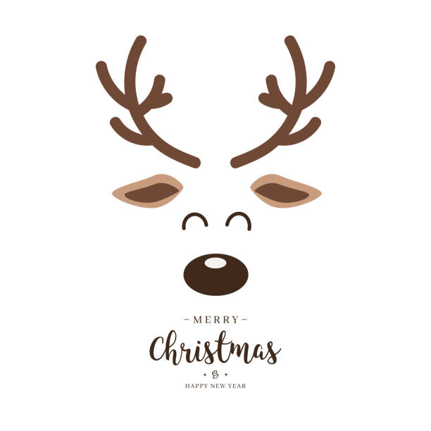 Reindeer red nosed cute close up face with greetings isolated white background. Christmas card Reindeer red nosed cute close up face with greetings isolated white background. Christmas card antler stock illustrations
