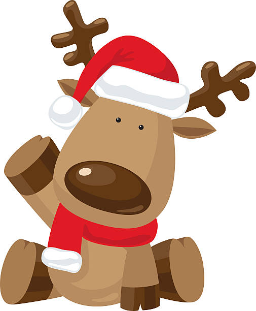 Reindeer with a raised hoof Christmas Reindeer in Santa`s red hat and scarf with a raised right hoof. Cartoon character funny santa cartoon pictures stock illustrations