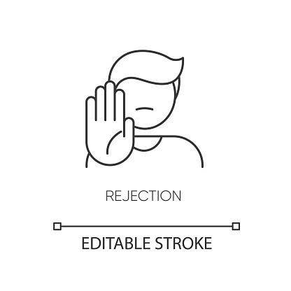 Rejection pixel perfect linear icon. Negative response, offer refusal. Thin line customizable illustration. Contour symbol. Person showing stop gesture vector isolated outline drawing. Editable stroke