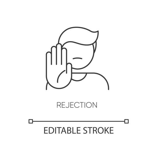 Rejection pixel perfect linear icon Rejection pixel perfect linear icon. Negative response, offer refusal. Thin line customizable illustration. Contour symbol. Person showing stop gesture vector isolated outline drawing. Editable stroke stop stock illustrations