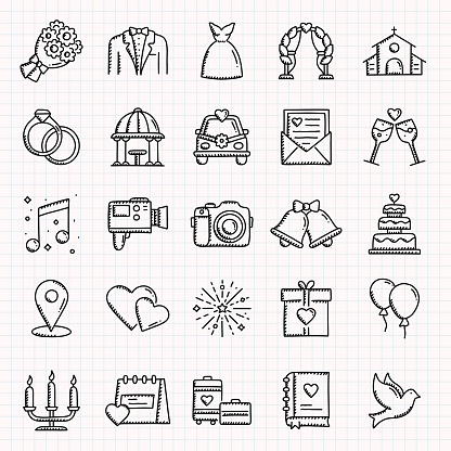 WEDDING Related Hand Drawn Icons Set, Doodle Style Vector Illustration