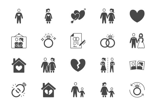 Relationship status glyph flat icons. Vector illustration include icon - husband, bachelor, wife, marriage, rings, divorce, wedding silhouette pictogram for marital condition Relationship status glyph flat icons. Vector illustration include icon - husband, bachelor, wife, marriage, rings, divorce, wedding silhouette pictogram for marital condition. divorce silhouettes stock illustrations