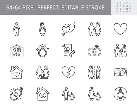 Relationship status line icons. Vector illustration include icon - husband, bachelor, wife, marriage, rings, wedding outline pictogram for marital condition. 64x64 Pixel Perfect, Editable Stroke.
