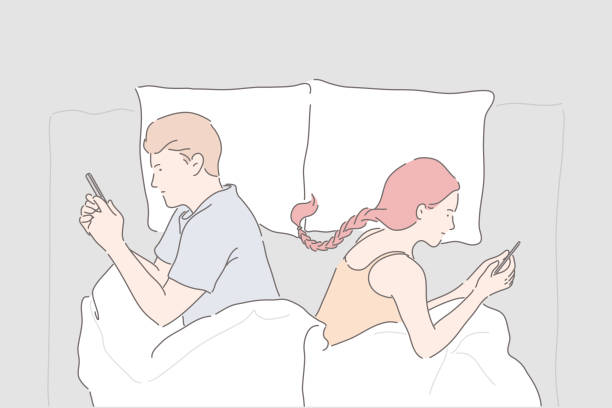 ilustrações de stock, clip art, desenhos animados e ícones de relationship trouble, mobile phone addiction, marriage crisis concept - sleeping couple