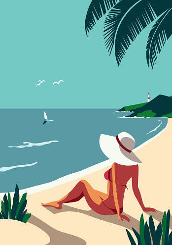 Relax on tropical seaside sand beach vector poster