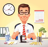 Vector illustration of a relaxed smiling office worker sitting at his desk sharpening pencils. On the wall in the background are a calender and a clock. Concept for relaxation, day dreaming or lazyness at work.