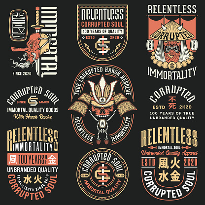 Colored vector illustration named Relentless Immortality Vol 2. The illustrations contain four Japanese kanji that mean water, fire, earth and metal. vector