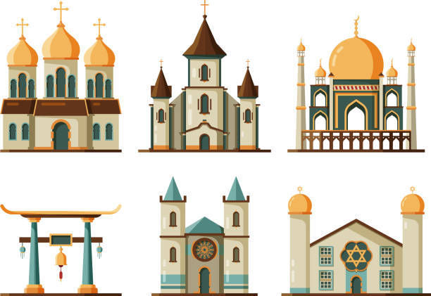ilustraciones, imágenes clip art, dibujos animados e iconos de stock de edificios religiosos planos. iglesia luterana y cristiana mezquita musulmana edificios tradicionales arquitectónicos - synagogue