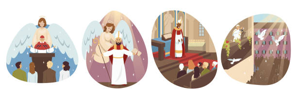 Religion, christianity, holiday set concept Religion, christianity, holiday set concept. Collection of men catholic orthodox priests pope cartoon characters talking speaking with parish people christians. St Isidore day and Lent celebration. lent stock illustrations