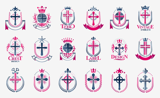 Religion crosses logos big vector set, vintage heraldic Christian emblems collection, classic style heraldry design elements, ancient designs, belief.