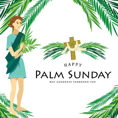 religion holiday palm sunday before easter, celebration of the entrance of Jesus into Jerusalem, happy kids with palmtree leaves vector illustration, boy children greetings Christ