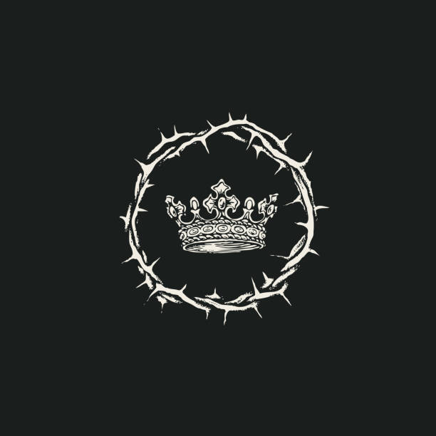 religious banner with a crown of thorns and a crown Vector banner on the theme of Easter with a crown of thorns and a crown on the black background. Black and white religious illustration thorn stock illustrations