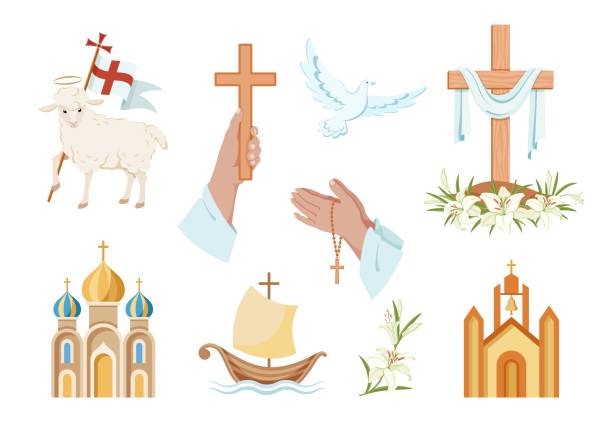 Religious christian signs and symbols. Set of colorful icons Religious christian signs and symbols. Set of colorful icons.  Church, hands holding  cross, dove with branch, fish and ship. Cross with shroud. Lamb is symbol of Christ's sacrifice. Isolated. Vector religious cross icons stock illustrations