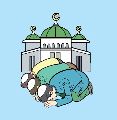 Religious Muslims  praying in front of a mosque.
