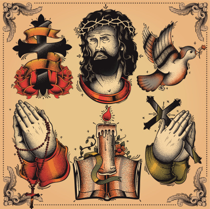 Set of various religious tattoos in classic vector
