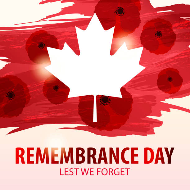 Remembrance Day Canada The ceremony of Remembrance Day in Canada that honors all military heroes who died in the First World War for the Commonwealth member states, to remember that day with Canadian symbol of maple leaf on the red paint brushstroke texture and poppy flower pattern canadian culture illustrations stock illustrations