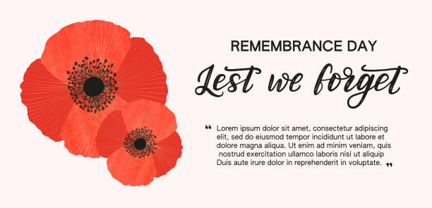 Remembrance Day web banner with red watercolor poppies Remembrance Day banner with copy space for text. Red watercolour poppies decorated by golden lines as a symbol of commemoration. Hand sketch lettering lest we forget. flower part stock illustrations