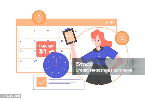 istock Reminder to file tax returns and pay taxes. Financial consultant, accountant next to the calendar and clock. Vector flat illustration. 1336355700